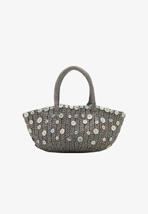 Sac à main gris tissé décoré de boutons ronds irisés dispersés et de deux poignées enveloppées s'étendant du dessus.