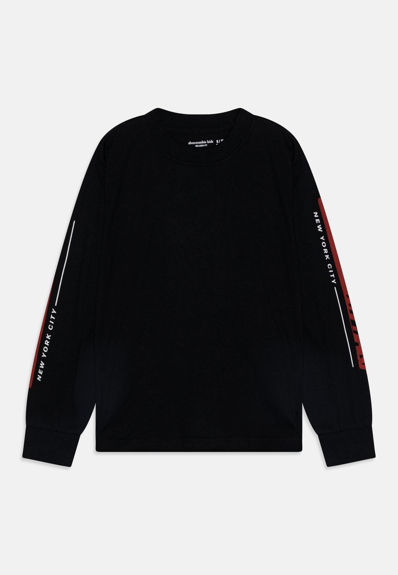 Tricou negru cu mânecă lungă, realizat din bumbac, având inscripția "NEW YORK CITY" în text alb și roșu pe mâneci și un guler clasic de tip crew.