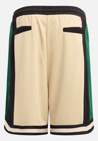 Beige shorts met groene en zwarte zijpanelen, elastische tailleband, twee achterzakken en gestreepte zoomdetails. Mesh stofstructuur.