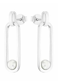 Pendientes de aro de plata con una forma rectangular alargada, decorados con un acento de perla en la parte inferior. Textura de metal pulido, diseño sencillo.