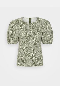 Zielona bluzka z bufkami i białym wzorem róż, z okrągłym dekoltem i zamkiem błyskawicznym z tyłu. Miękka tkanina o gładkiej fakturze.