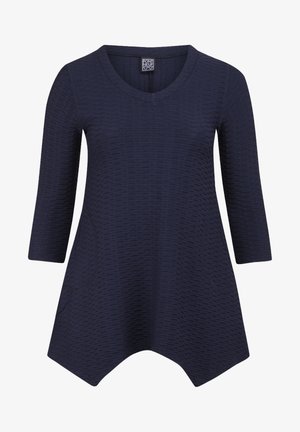 Dunkelblaues, strukturiertes Oberteil mit halben Ärmeln und V-Ausschnitt. Verfügt über einen asymmetrischen Saum und einen weichen, atmungsaktiven Stoff.