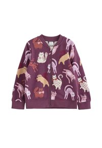 Paarse ritsvest met verschillende kattenillustraties in lichtbruin, wit en roze, voorzien van een geribde kraag en manchetten.