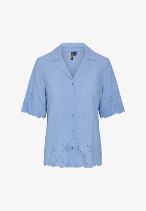 Chemise à manches courtes bleu clair avec un ourlet festonné, ornée de motifs floraux brodés et d'une fermeture à boutons à l'avant. Fabriquée en tissu doux.