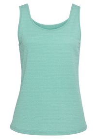Mintgrünes Tanktop mit Rundhalsausschnitt. Hergestellt aus strukturiertem Stoff, hat es einen figurschmeichelnden Schnitt und breite Schulterträger.