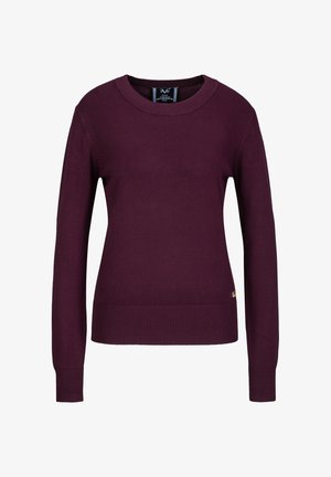 Bordeaux trui met lange mouwen, ronde hals, geribde manchetten en zoom, gladde gebreide textuur, met een klein logo-accent.