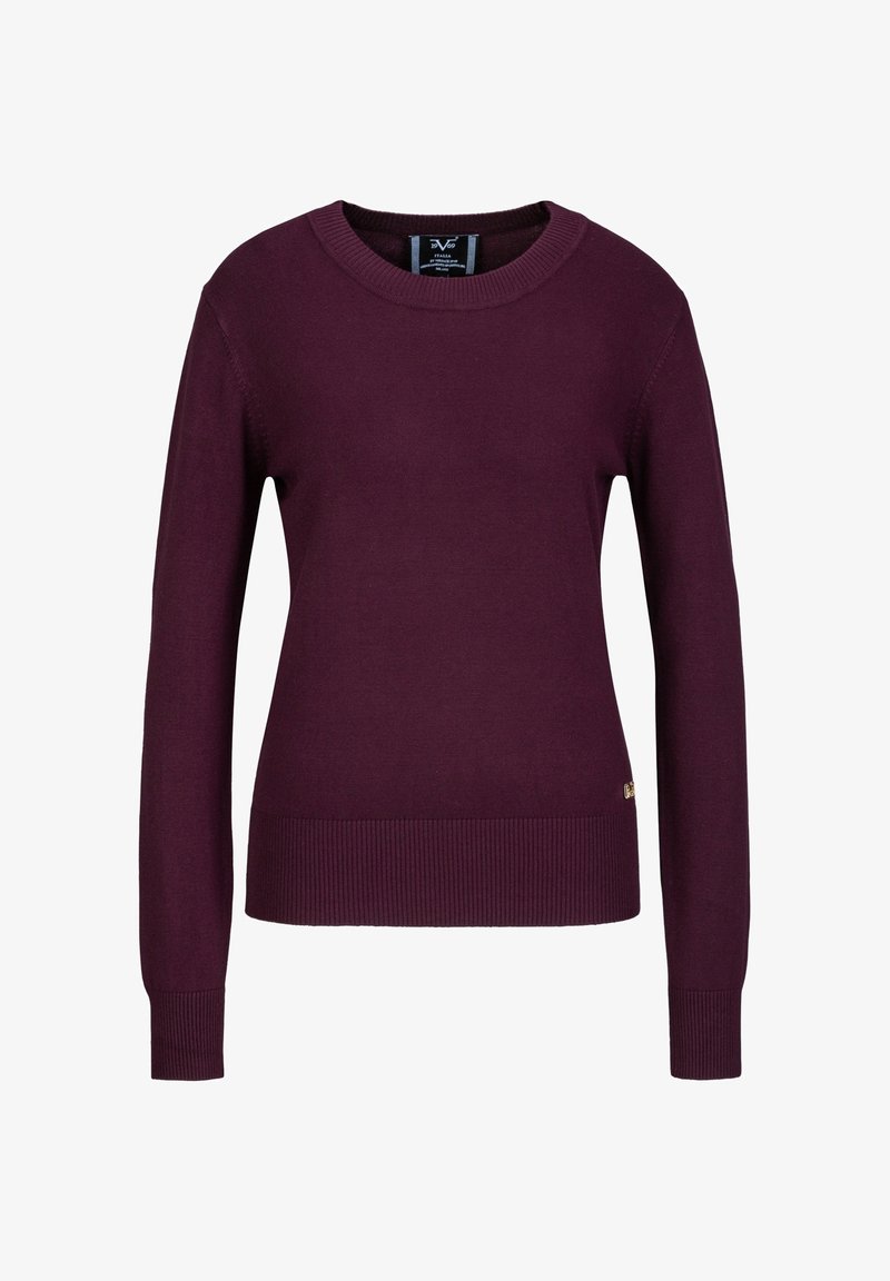 Burgunderfarbener Pullover mit langen Ärmeln, Rundhalsausschnitt, gerippten Bündchen und Saum, glatte Strickstruktur, mit einem kleinen Logoakzent.