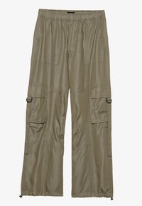 Cargo-Hosen in olivgrün, aus leichtem Material, mit elastischem Bund, zwei Seitentaschen und zwei Cargotaschen mit Verschlüssen. Strukturierte Oberfläche.