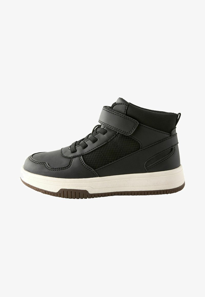Black high-top sneaker featuring a smooth leather exterior, mesh accents, lace-up front, and a hook-and-loop strap. White midsole and rubber sole.