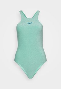 Un maillot de bain une pièce vert menthe avec une texture scintillante, présentant un design dos nageur et un petit logo bleu sur la poitrine.