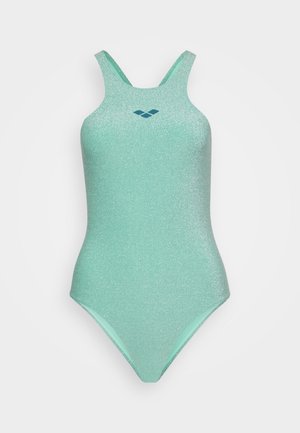 Un costume da bagno intero verde menta con una texture luccicante, caratterizzato da un design a schiena scoperta e un piccolo logo blu sul petto.