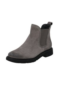 Botín Chelsea de ante gris con paneles laterales elásticos, punta redonda y suela de goma negra texturizada. El diseño presenta acentos de costura mínimos.