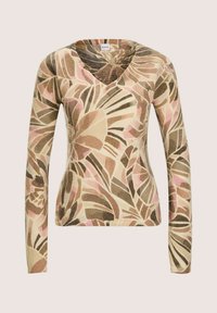 Langärmliger V-Ausschnitt-Pullover mit abstraktem Blumenmuster in Beigetönen, Braun, Pink und Creme auf leichtem Stoff.