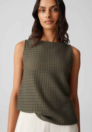 Olive green sleeveless top with a textured, open-weave pattern. Straight hemline, round neckline, and soft fabric.