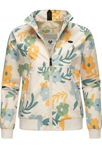 Blommig jacka med vit bakgrund, med mönster av gula, gröna och blå blommor; dragkedjestängning, elastiska ärmslut och kragsdesign.