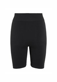 Shorts neri elasticizzati con vita alta, texture liscia, taglio alla lunghezza del ginocchio e dettagli arricciati laterali per un design aggiuntivo.