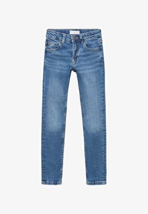 Jeans in denim blu chiaro con vestibilità slim. Presentano cinque tasche, una chiusura con zip e cuciture decorative. Tessuto liscio, leggero sbiadimento.