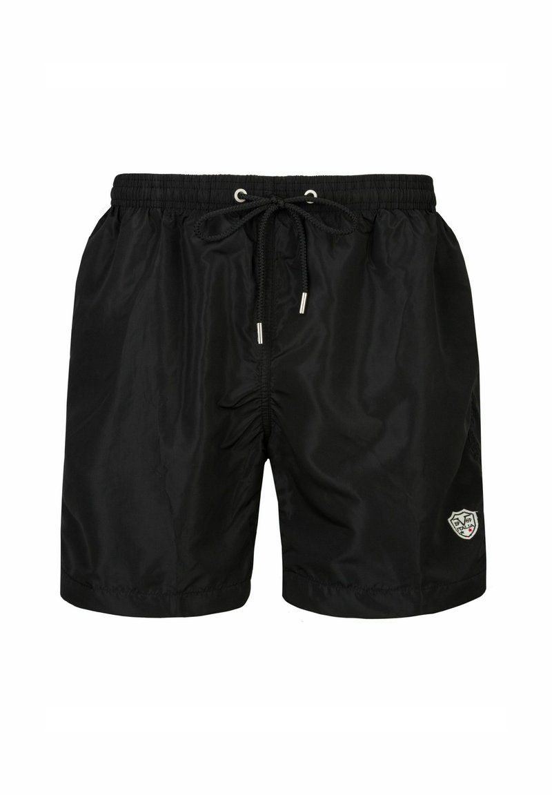 Zwarte zwemshorts van lichtgewicht materiaal, met een elastische tailleband met een trekkoord en een logo-patch aan de onderzijde rechts.