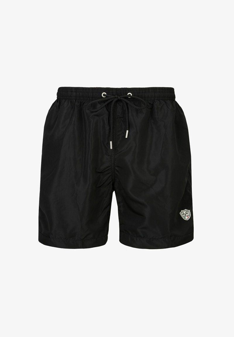 Zwarte zwemshorts van lichtgewicht materiaal, met een elastische tailleband met een trekkoord en een logo-patch aan de onderzijde rechts.