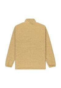 Beige fleece pullover with a textured surface, high collar, and long sleeves. Features a straight cut with a seamless back panel.