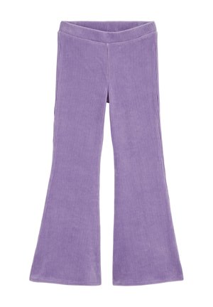 Pantalon en velours côtelé violet lilas avec une taille haute et des jambes larges évasées, posé à plat sur un fond blanc.