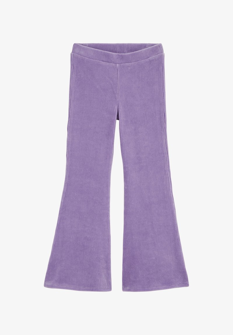 Pantalon en velours côtelé violet lilas avec une taille haute et des jambes larges évasées, posé à plat sur un fond blanc.