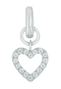 Ciondolo a forma di cuore in argento con una fila di cristalli trasparenti circolari lungo il contorno, attaccato da un anello di argento liscio.