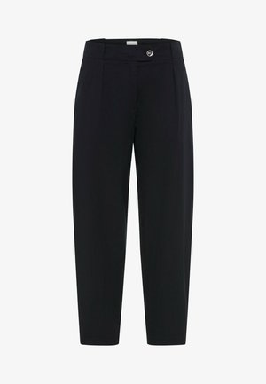 Schwarze, maßgeschneiderte Hose mit hoher Taille, Knopfverschluss und geradem Bein.