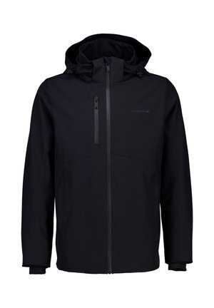 Schwarze wasserdichte Jacke mit durchgehendem Reißverschluss, verstellbarer Kapuze und elastischen Bündchen. Glatte Textur mit minimalem Branding auf der Brust.