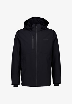 Chaqueta impermeable negra con cremallera frontal, capucha ajustable y puños elásticos. Textura suave con un branding minimalista en el pecho.