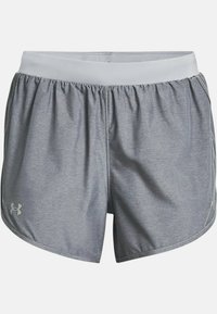 Gråa sportshorts med elastisk midjeband, gjorda av lättviktsmaterial. Har en liten logo på nedre vänstra sidan och rundade sömmar.