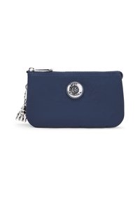 Funda de nylon azul marino con cierre de cremallera, que presenta un logo plateado redondo y un charm decorativo de plata unido al tirador de la cremallera.