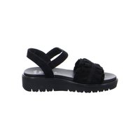 Black women's sandal with elastic crisscross ankle straps, ruffled front strap, and a thick treaded sole.