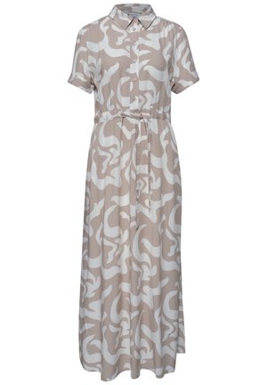 Beige en witte abstracte print korte mouwen maxi jurk met knopen aan de voorkant, kraag en tailleceintuur.