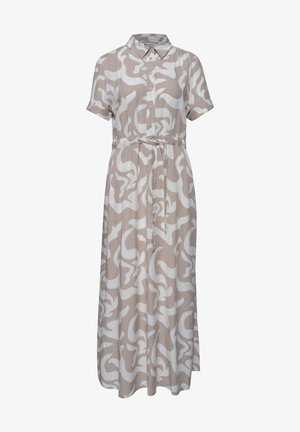 Beige en witte abstracte print korte mouwen maxi jurk met knopen aan de voorkant, kraag en tailleceintuur.