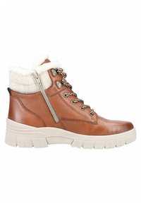 Botas de tobillo de cuero marrón con cuello de piel sintética, cremallera lateral, cordones decorativos y suela de goma blanca gruesa con surcos.