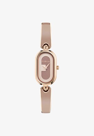 Roségoldene Uhr mit ovalem Zifferblatt, strukturiertem grauen Ziffernblatt und minimalistischen Zeigern, ausgestattet mit einem eleganten Metallarmband und glatter Oberfläche.