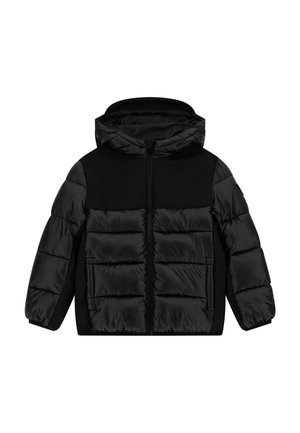 Veste matelassée noire avec capuche, fermeture éclair à l'avant et deux grandes poches rembourrées, conçue pour temps froid.