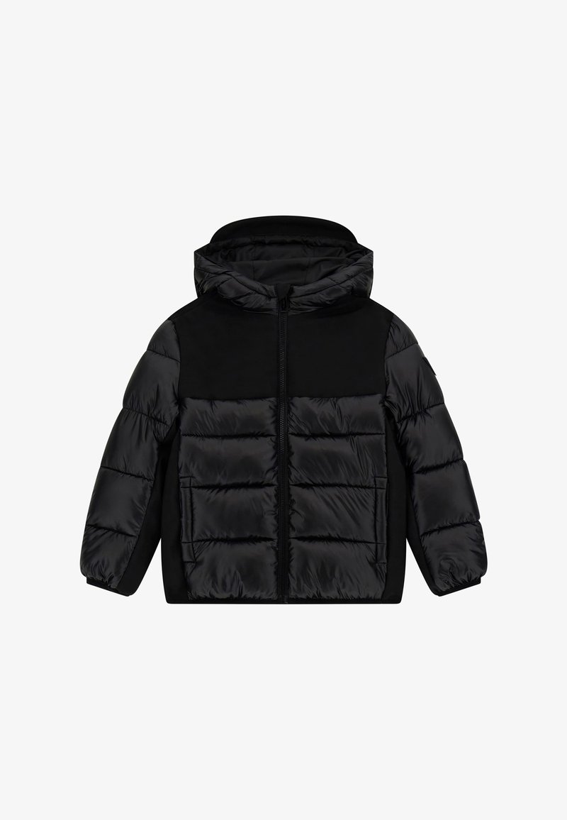 Veste matelassée noire avec capuche, fermeture éclair à l'avant et deux grandes poches rembourrées, conçue pour temps froid.