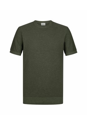 Camiseta de manga corta y cuello redondo en verde oscuro, confeccionada con tela texturizada que presenta un sutil patrón. Puños y dobladillo acanalados.