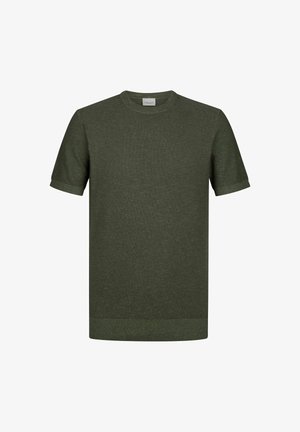 Koszulka z krótkim rękawem i okrągłym dekoltem w ciemnozielonym kolorze, wykonana z teksturowanej tkaniny z delikatnym wzorem. Mankiety i dół wykończone ściągaczem.