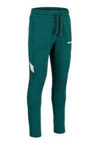 Teal Jogginghose aus weichem Stoff mit elastischem Bund, seitlichen Taschen und einem kontrastierenden weißen Logodetail am Bein.