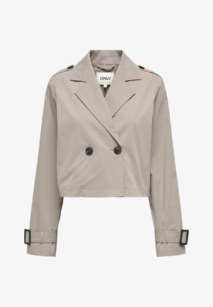 Beige cropped jacket made of smooth fabric, featuring a double-breasted design, black buttons, and belted cuffs.