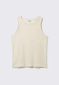 Cremefarbenes, geripptes Tanktop mit rundem Ausschnitt und breiten Armausschnitten. Der Stoff hat eine strukturierte Oberfläche und ist für eine lockere Passform konzipiert.