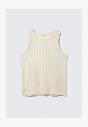 Crèmekleurig geribd tanktop met een ronde halslijn en brede armsgaten. De stof heeft een gestructureerde afwerking en is ontworpen voor een losse pasvorm.