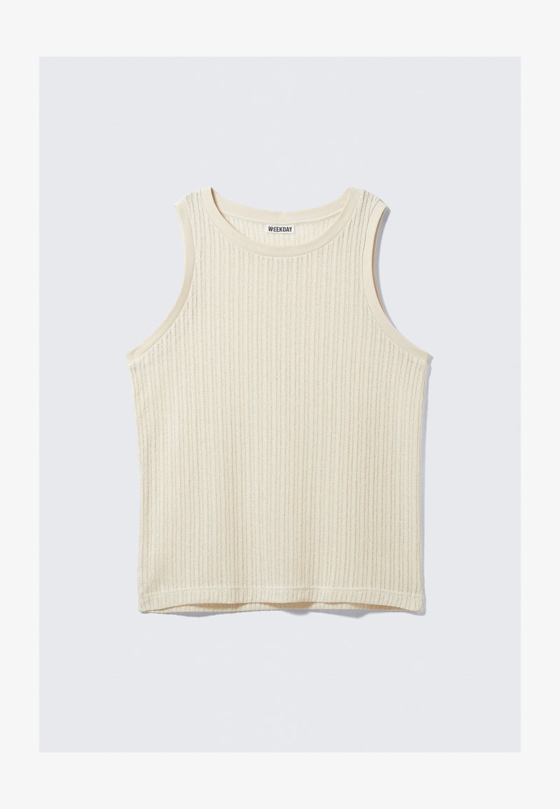 Cremefarbenes, geripptes Tanktop mit rundem Ausschnitt und breiten Armausschnitten. Der Stoff hat eine strukturierte Oberfläche und ist für eine lockere Passform konzipiert.