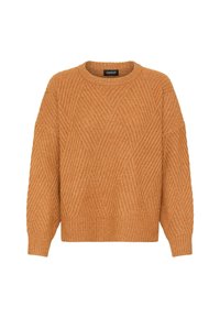 Pull en tricot orange avec un motif en losange texturé, col rond et manches légèrement surdimensionnées. Fabriqué dans un tissu doux et chaud.
