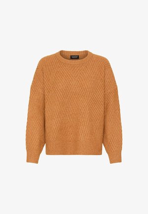 Pulover tricotat portocaliu, cu un model texturat în diamante, guler crestat și mâneci ușor supradimensionate. Confectionat dintr-un material moale și călduros.