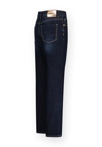 Jeans in denim blu scuro con design a gamba dritta, caratterizzati da cuciture dorate, due tasche posteriori e una patch in pelle con logo sulla vita.