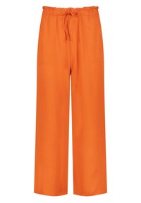 Pantalons orange à jambes larges avec une taille élastique et un cordon de serrage, dotés de deux poches latérales et d'un tissu lisse et léger.